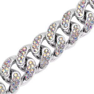White Aurora Borealis Austrian Crystal Curb Link Chain Bracelet in Silvertone